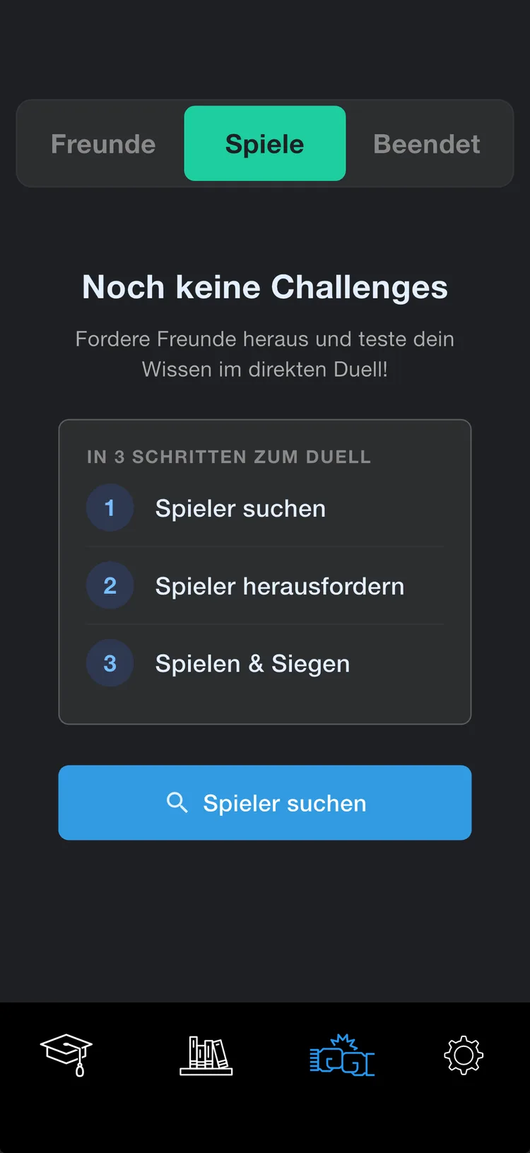 Challenge-Bereich mit den Reitern Freunde, Spiele und Beendet