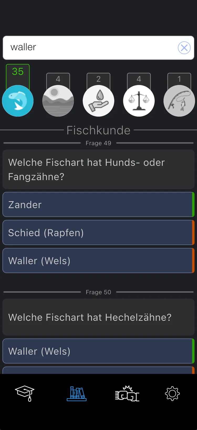 Suche im Fragenkatalog nach „waller“ mit Treffern pro Sachgebiet